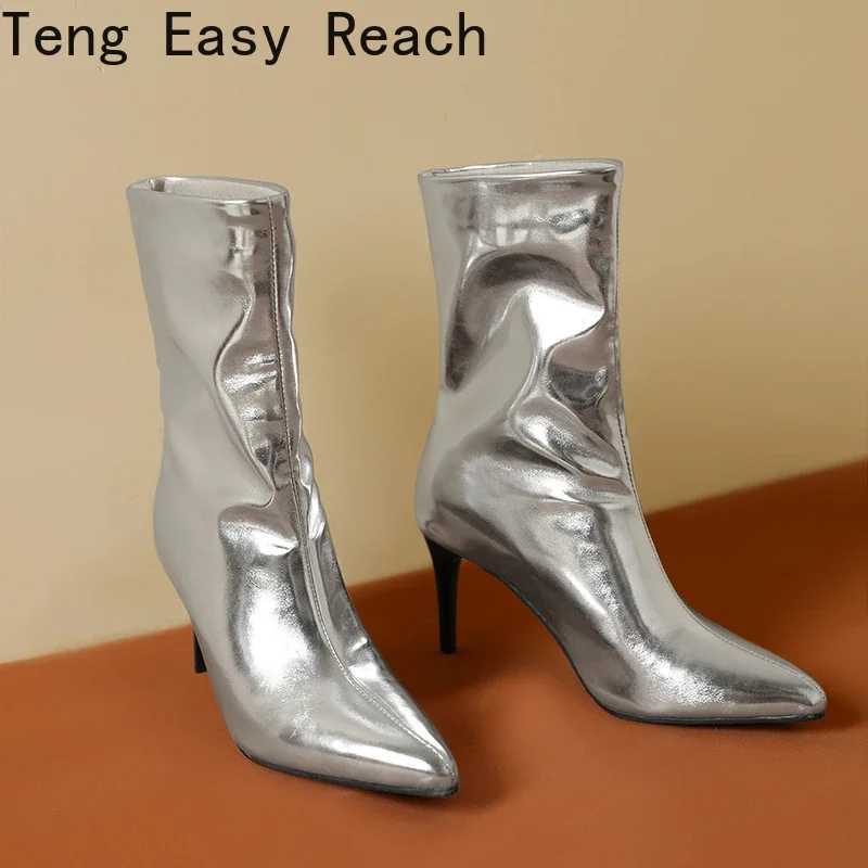 2024 FAshion Gold and Sier Womens Ankle Boots Thin High Heel Short Boots Pointed Toe Slip on Autumn Winter Womens Shoes Size 45 CL240906