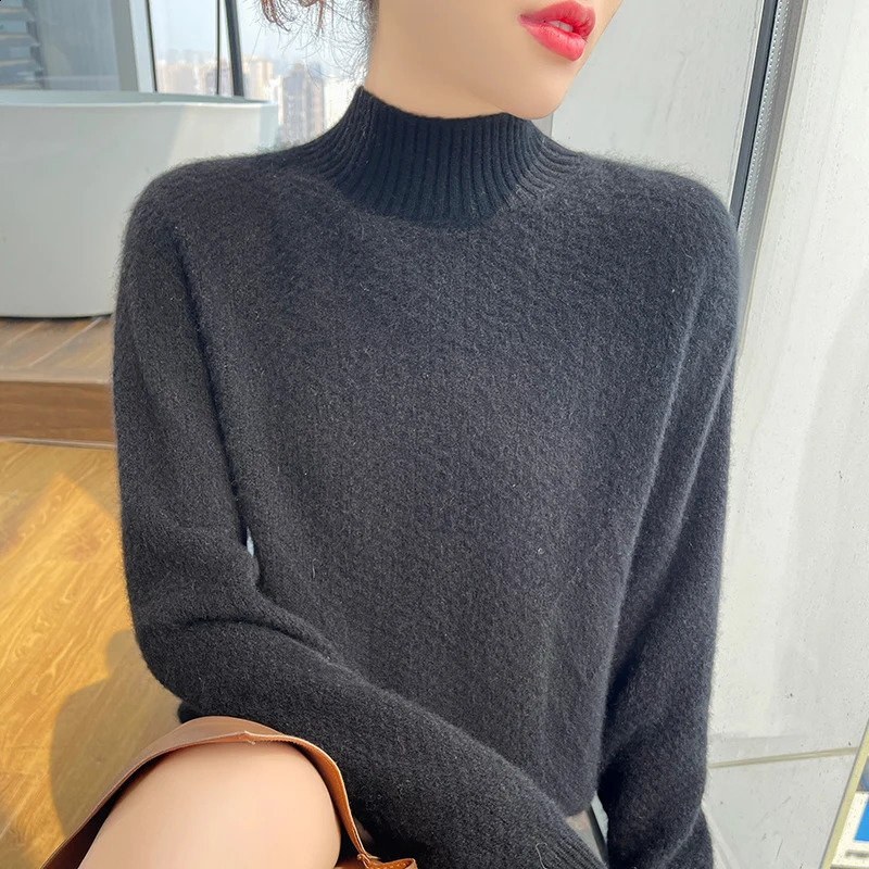 Autumn and Winter 100% Merino Wool Womens Sweater Half High Collar Solid Color Thick Knitted Large Size Loose Long Sleeve Floral Top 240905