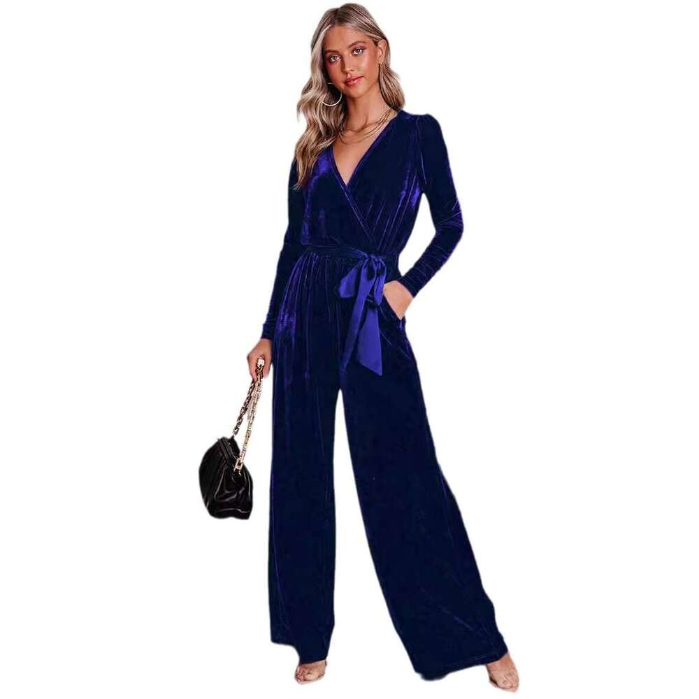 2024 new solid color long sleeved jumpsuit V-neck fashionable and elegant straight leg pants