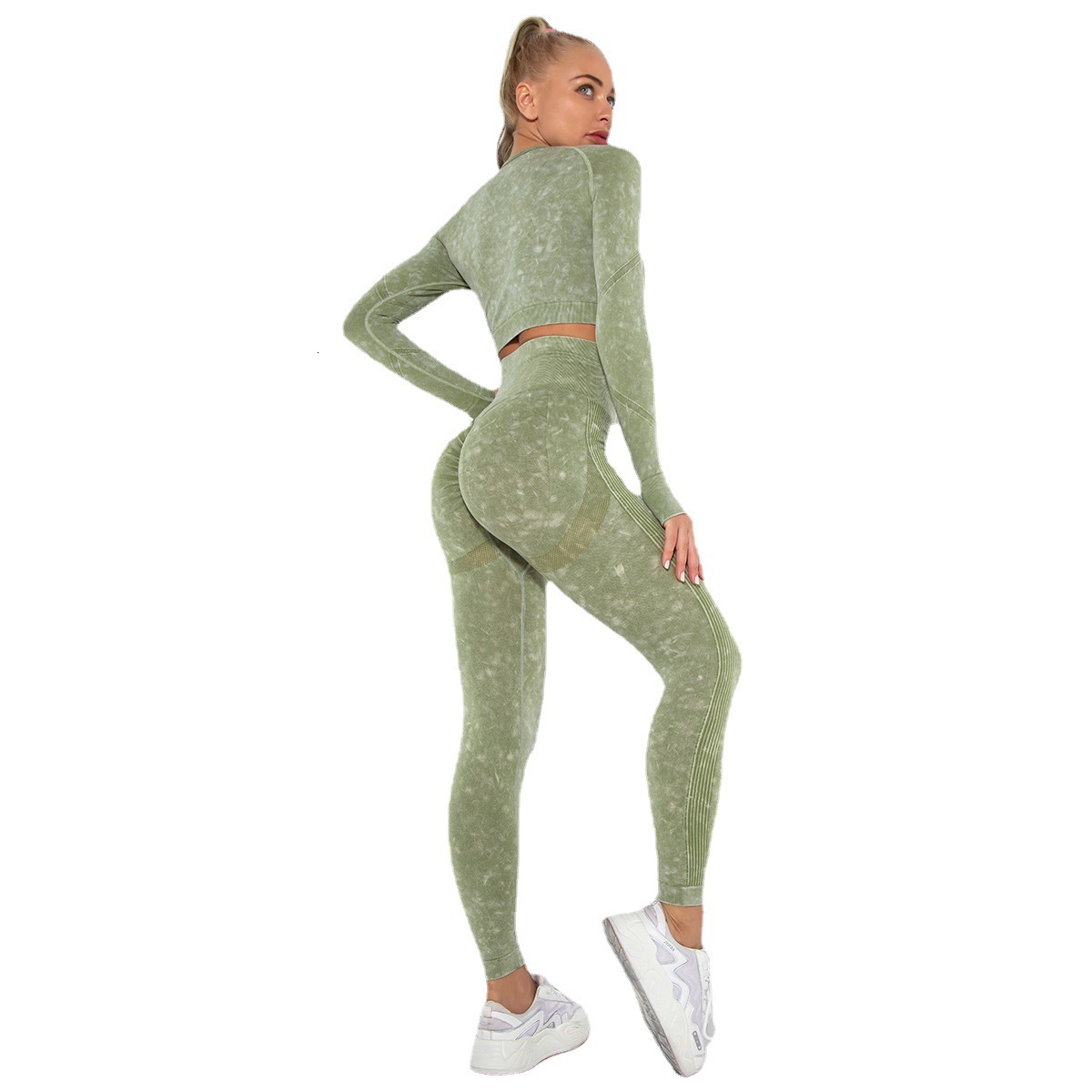 New seamless water washed smiling face set, sports and fitness long sleeved top, hip lifting yoga pants two-piece set