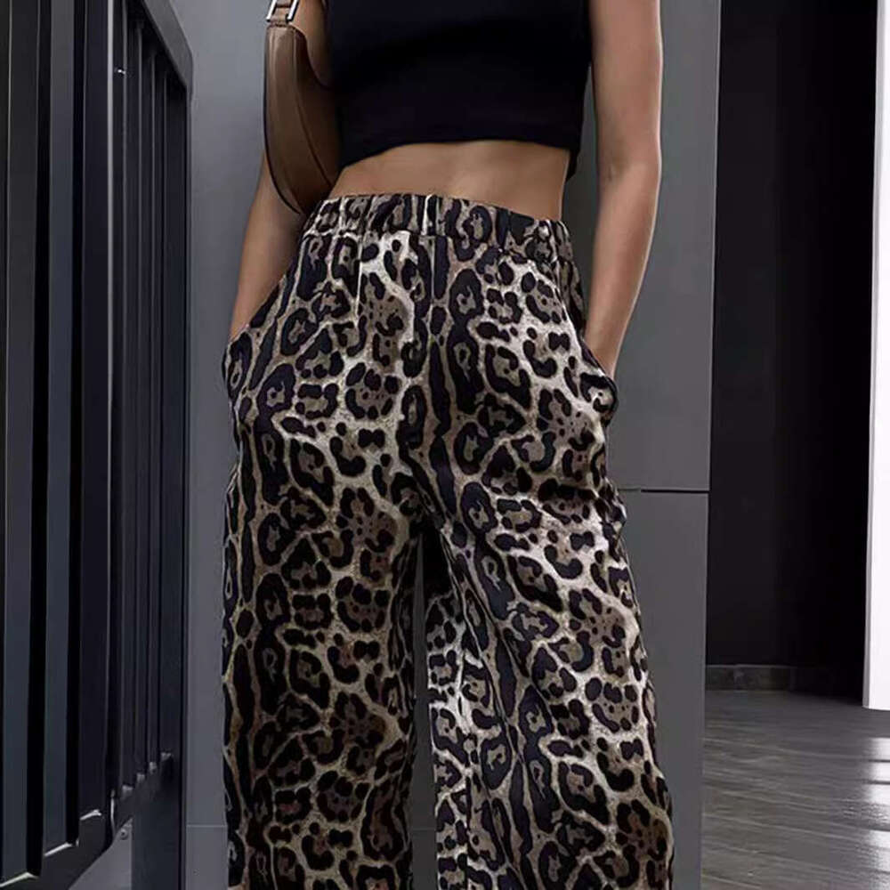 Fashionable explosive street leopard print high waisted wide leg for women in spring 2024 loose floor casual pants