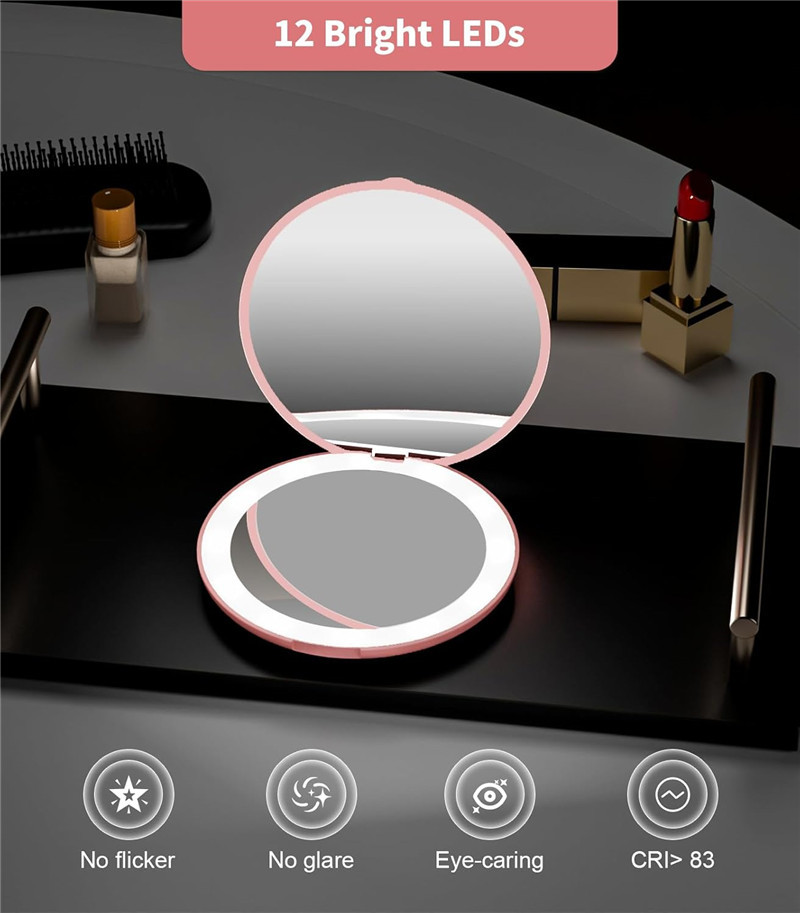 Compact Mirror With Light, 1x/10x Magnification Travel Makeup Mirror, Handheld 2-sided Mirror, Compact Mirror For Purses Espejo Compacto Con Luz