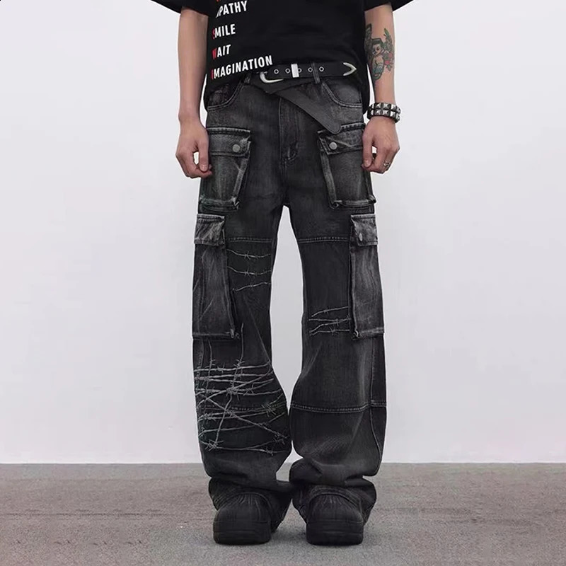 PFNW American Style Embroidery Jeans Mens High Street Cargo Pants Loose Wide Leg Denim Trousers Autumn Chic Trendy 28W4043 240903