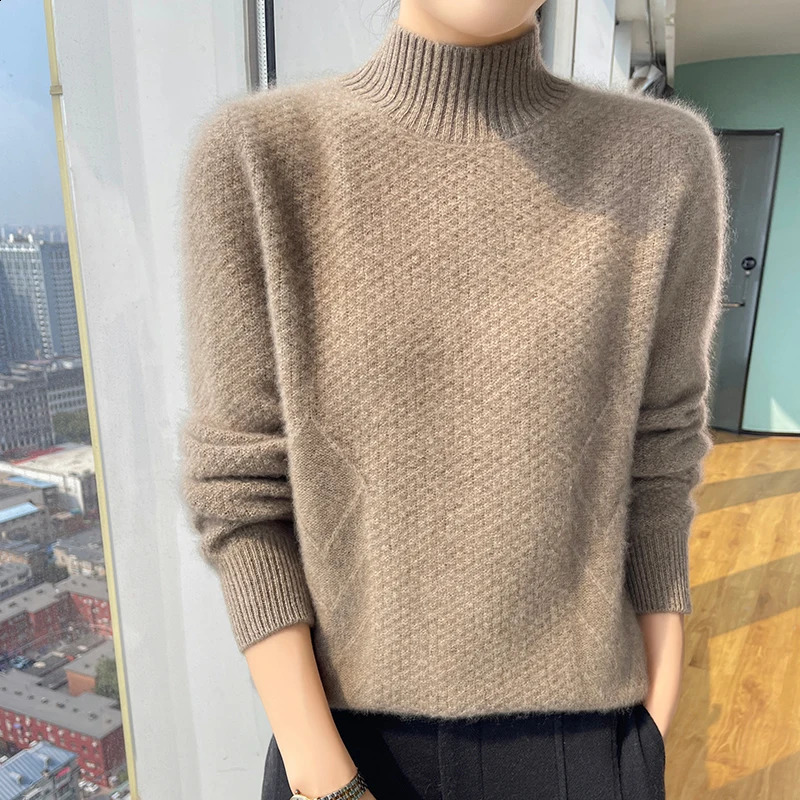 Autumn and Winter 100% Merino Wool Womens Sweater Half High Collar Solid Color Thick Knitted Large Size Loose Long Sleeve Floral Top 240905