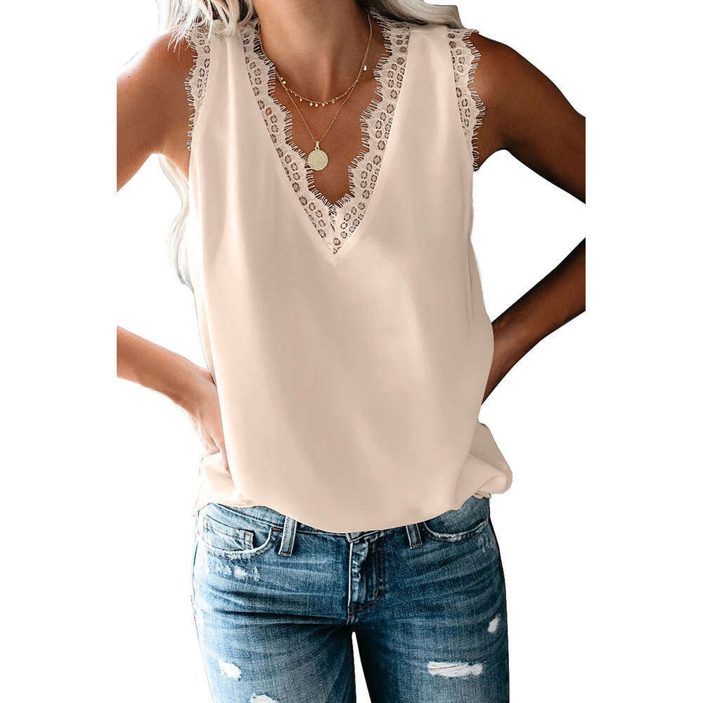 Summer base vest T-shirt for women 2024 summer new V-neck eyelash lace sleeveless loose top
