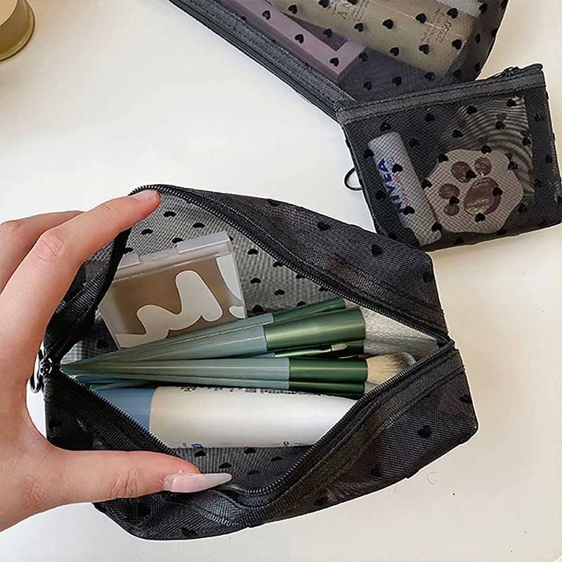 Love Print Black Mesh Cosmetic Bag Portable Toilet Organizer Cosmetic Bag Multi functional Transparent Female lipstick Storage Bag W250109