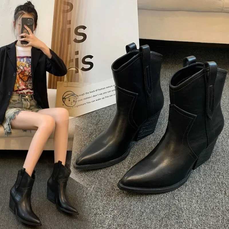Autumn and Winter Casual Western Cowboy Ankle Boots Fashion Womens Clothing Platform Corner Toe Designer Shoes Slip on High Heels CL240907