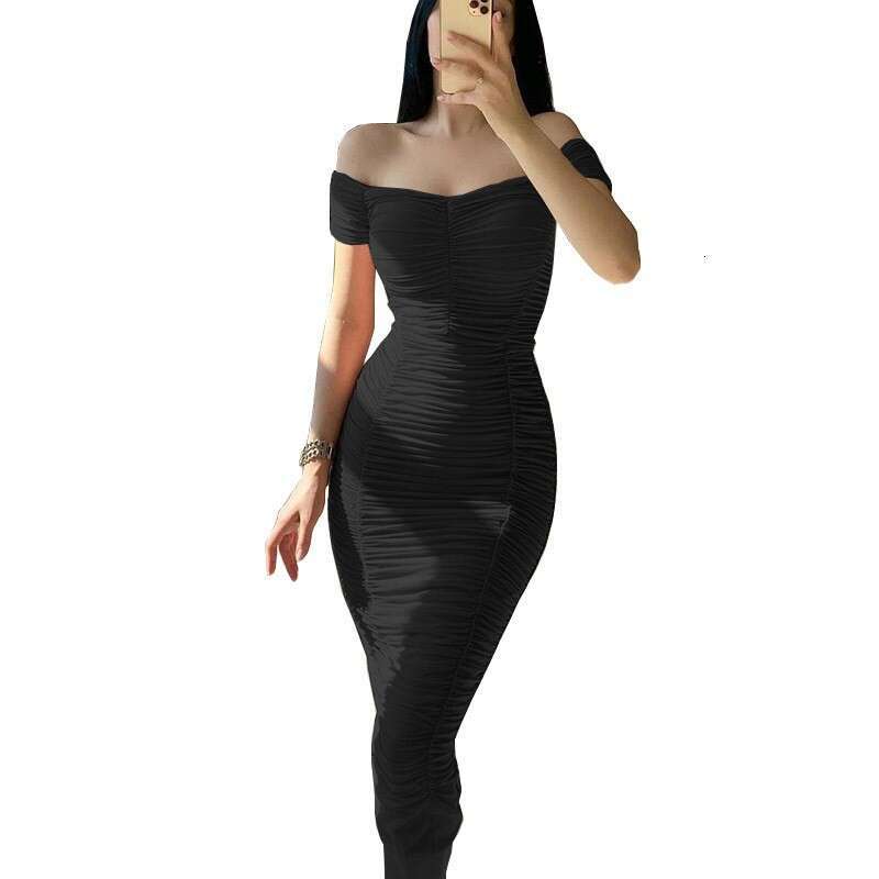 New style solid color long with elegant temperament, summer women's one shoulder pleated dress