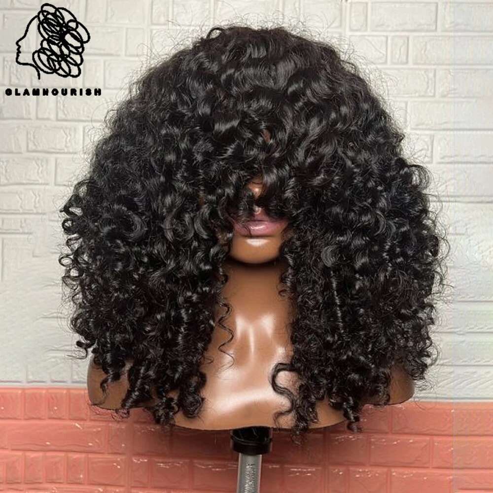 Human Hair With Bangs Brazilian Remy Funmi Short Bob Curly Wigs 180% Density Water Wave Wig Natural Black