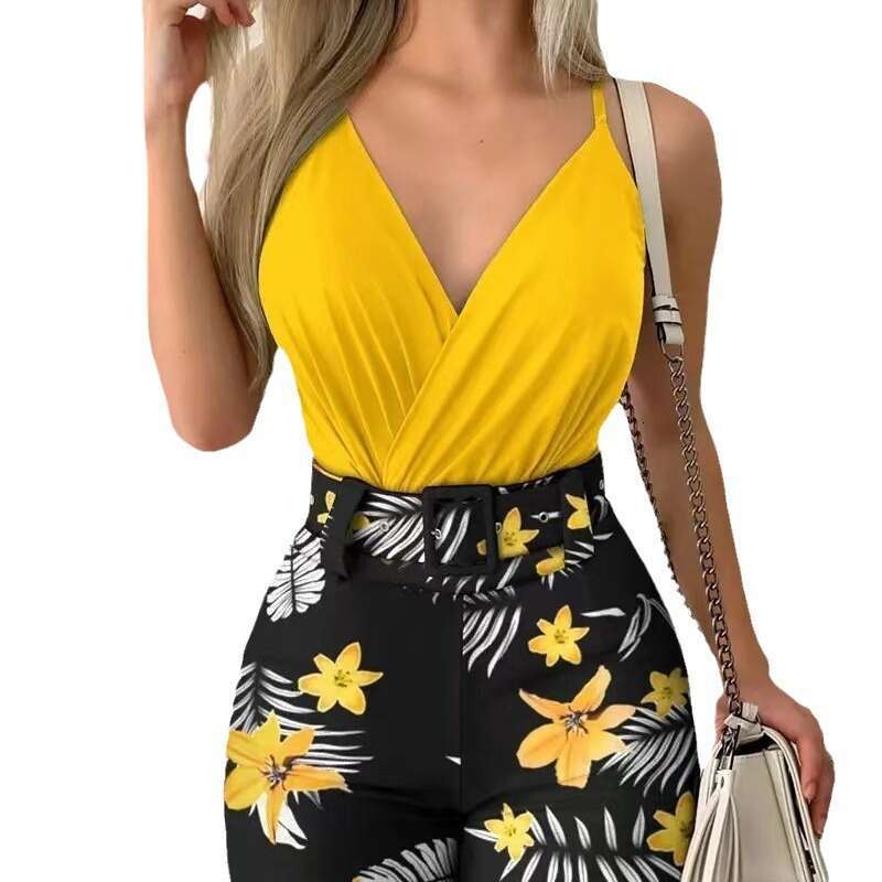 2024 New Women's V-neck Tank Top and Plant Printed Shorts Set with Belt