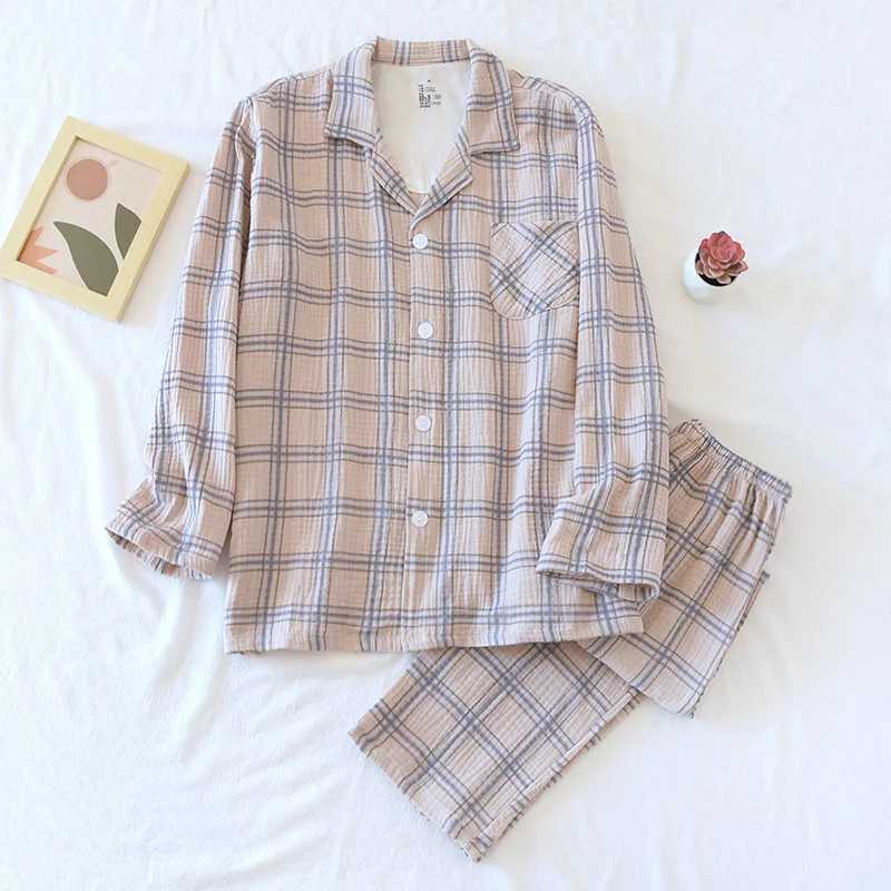 Japanese new spring and autumn mens 100% cotton crepe plaid pajamas long-sleeved trousers two-piece large size home service set Y240906