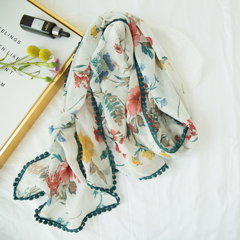 Hairy ball printed summer UV resistant beach lace edge scarf, shawl