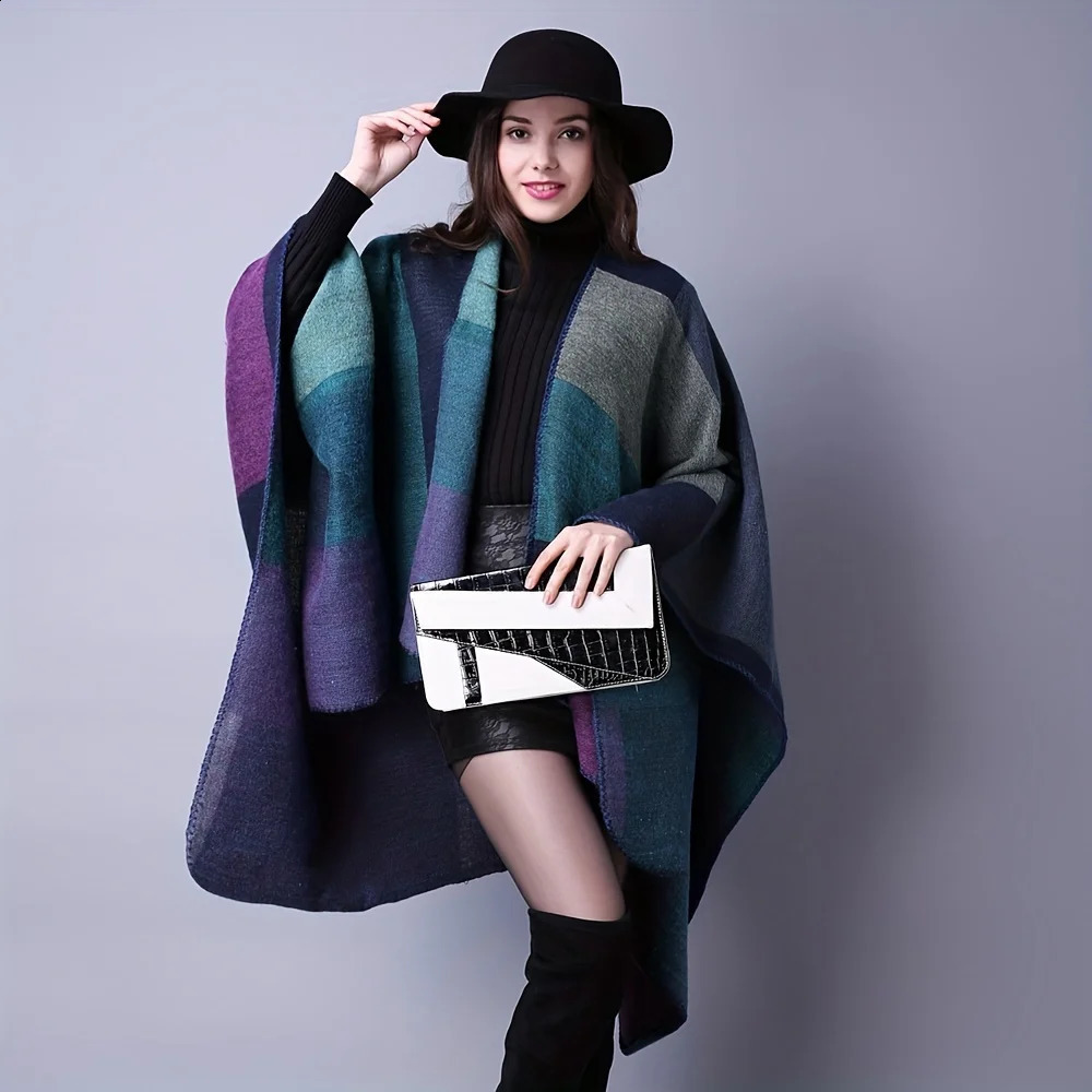 Vintage colored block shawl imitates cashmere warm bag Bohemian large blanket scarf raincoat shawl thick coat outdoor 240906