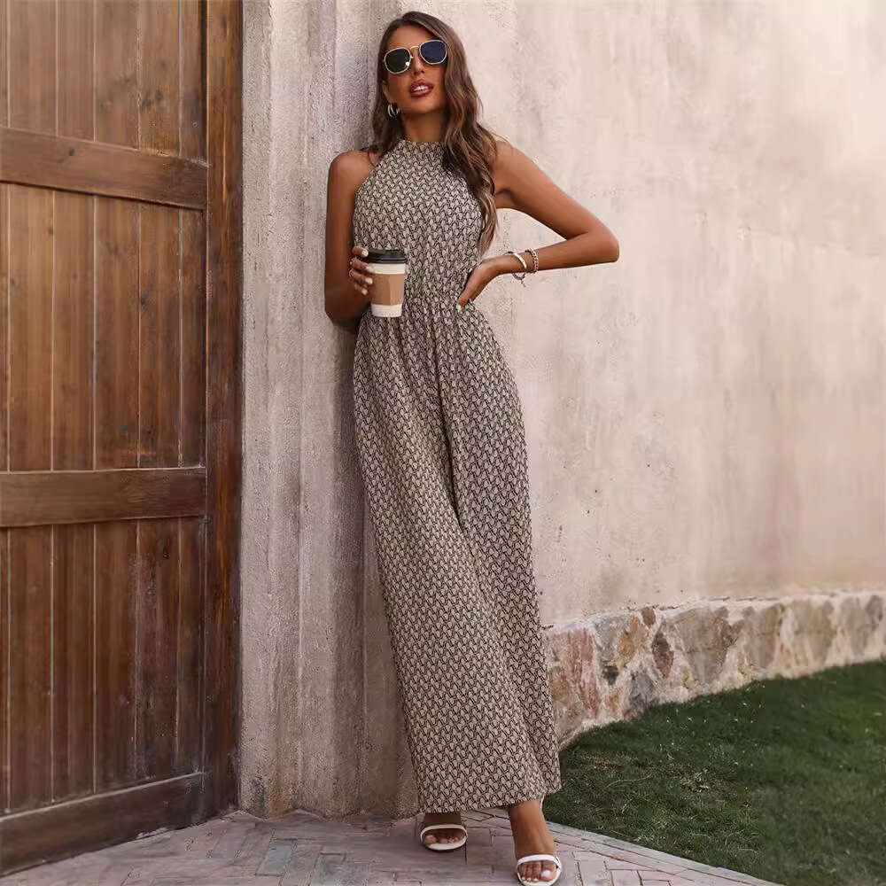 Women's elastic waistband high hanging neck sleeveless floral wide leg casual jumpsuit commuting pants for women