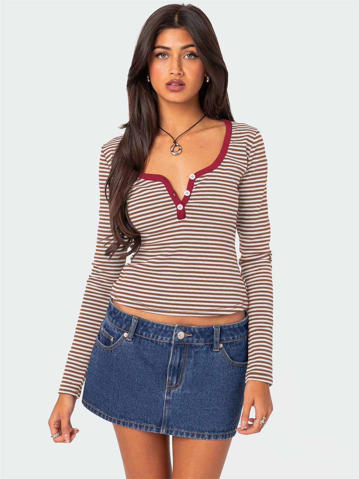 Womens T-Shirt New Contrasting Color Striped Sweater Y2K Clothes Womens Summer Top Button Slim Shoulder T-shirt Pure Cotton T240906