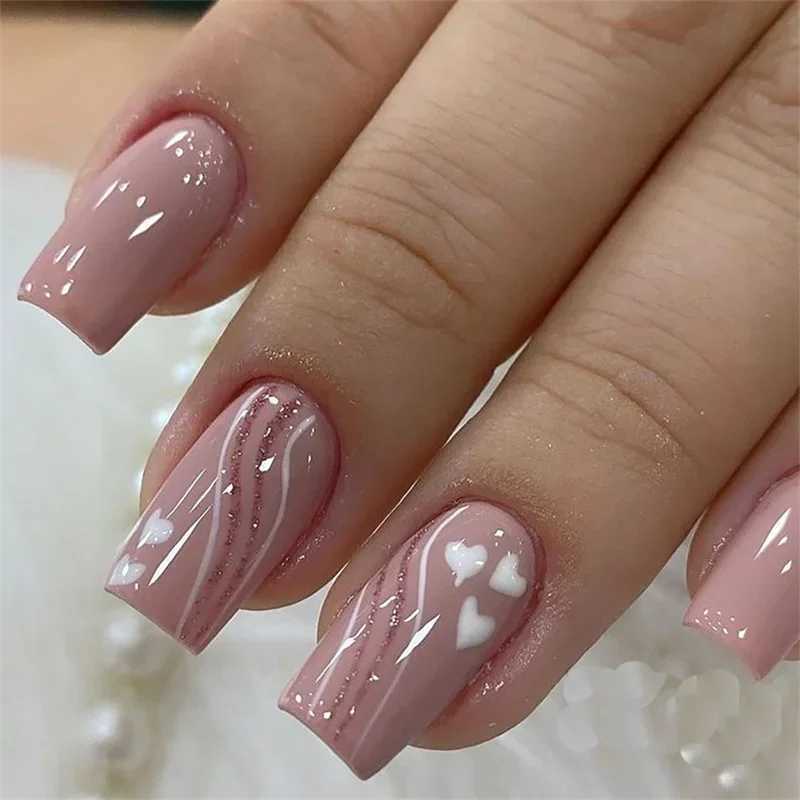 24 pieces of medium to long French fake nails square fake nails with butterfly design wearable decorative nail tips ballet nail press W240905