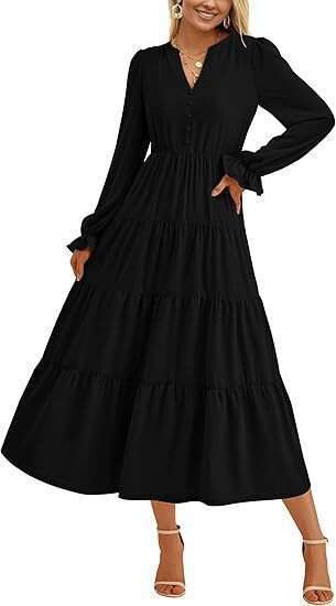 2024 autumn dress long sleeved V-neck layered ruffle hem flowing A-line cocktail party