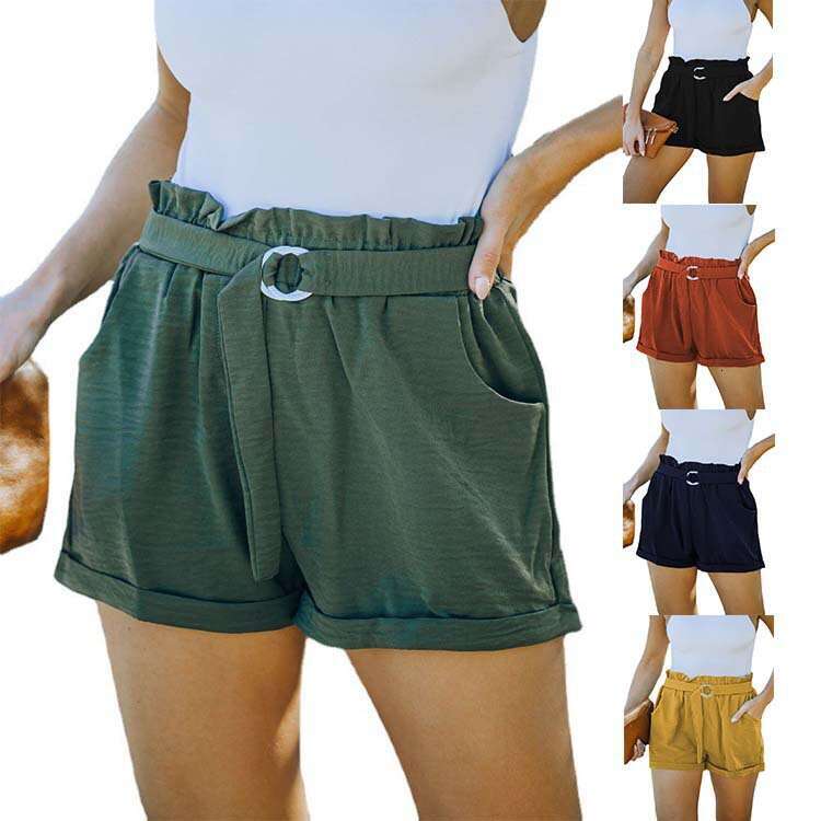 2024 Summer New Loose Strap Pocket Solid Color High Waist Casual Shorts for Women