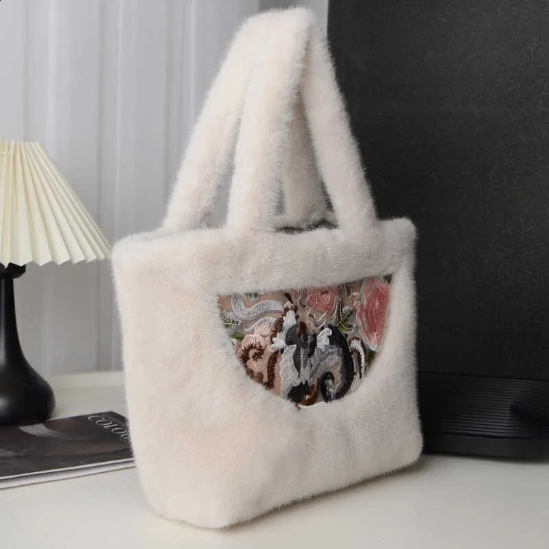 Winter womens faux fur handbag plush retro large capacity single shoulder ner embroidered black 240906