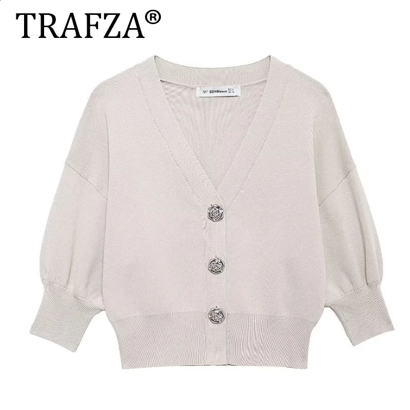 TRAFZA womens floral button decoration long sleeved loose slim fit sweater jacket short autumn knitted 240905