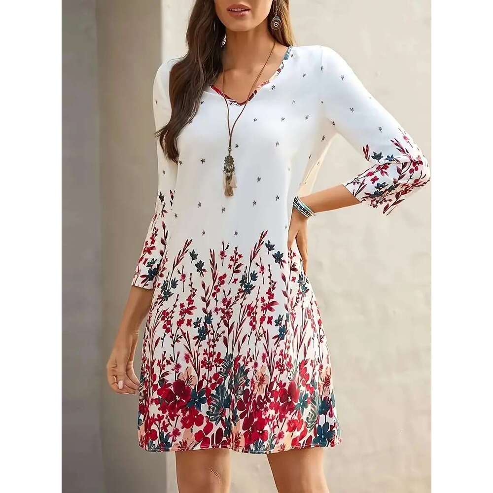 TMEU Women's New Printed Fashion V-neck Floral Dress for Spring and Summer 2024