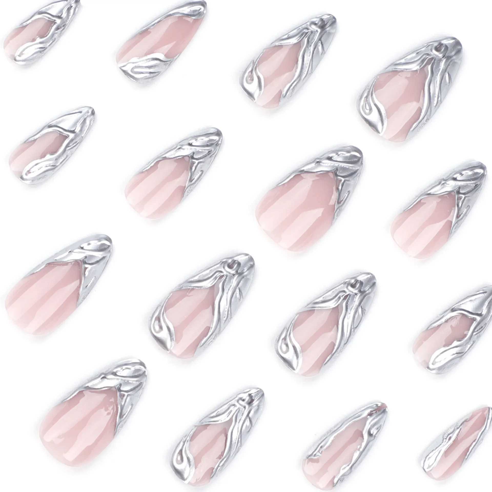 24 pieces of y2k silver cool fake nails Gothic style 3D fake nail patches for women wearable and detachable artificial nail patches W240905