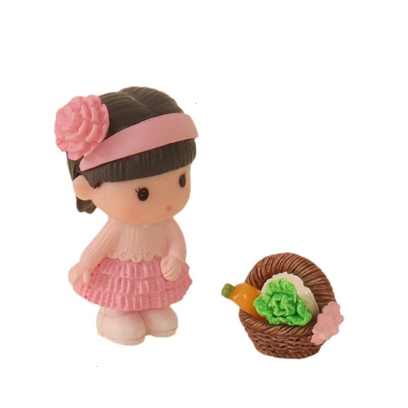 Cartoon Mini House Cute Little Girl Flower Basket Vegetable Micro Landscape Model Home Decoration Desktop Ornament