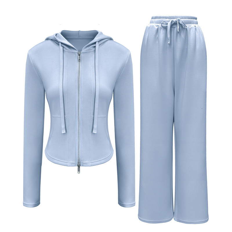 Sports suit women's new thick warm zipper hooded jacket yoga fiess loose wide leg pants two-piece set