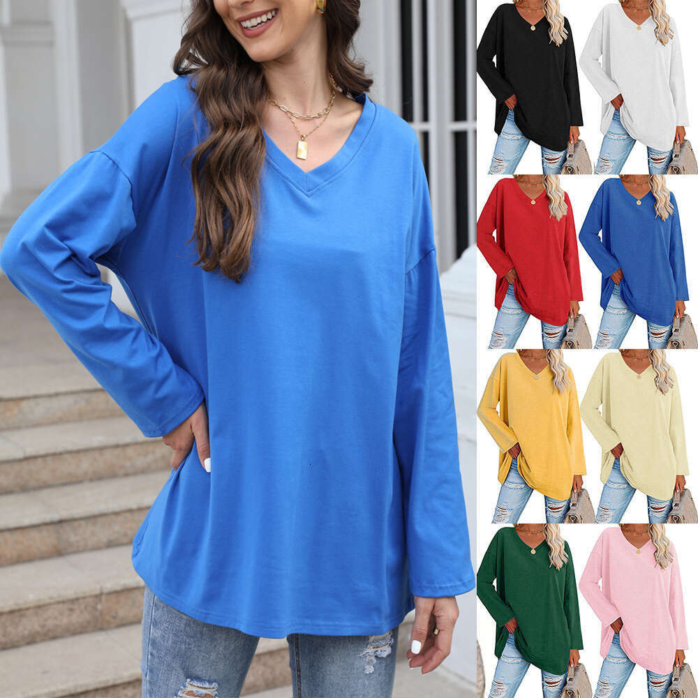 Extra large t-shirt 2022 new multi-color loose shoulder sleeves V-neck solid color womens top