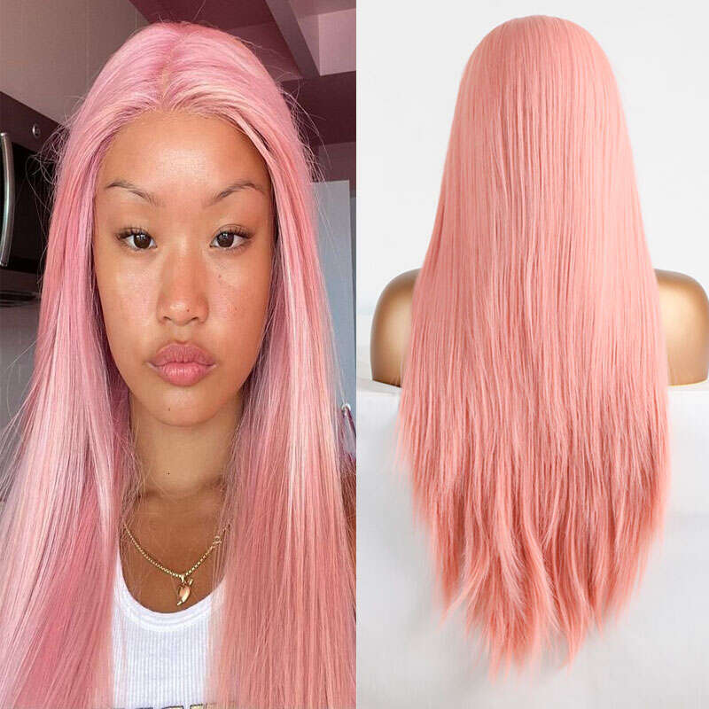 Peach Pink Straight Synthetic 13X4 Lace Front Wigs High Quality Heat Resistant Fiber Hair Middle Parting For White Women Cosplay