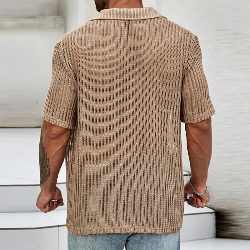 Streetwear Fashion Knitwear Mens Shirt Sexy See Through Knit Tops Men Summer Casual Button Lapel Short Sleeve Hollow Out Shirt 240906