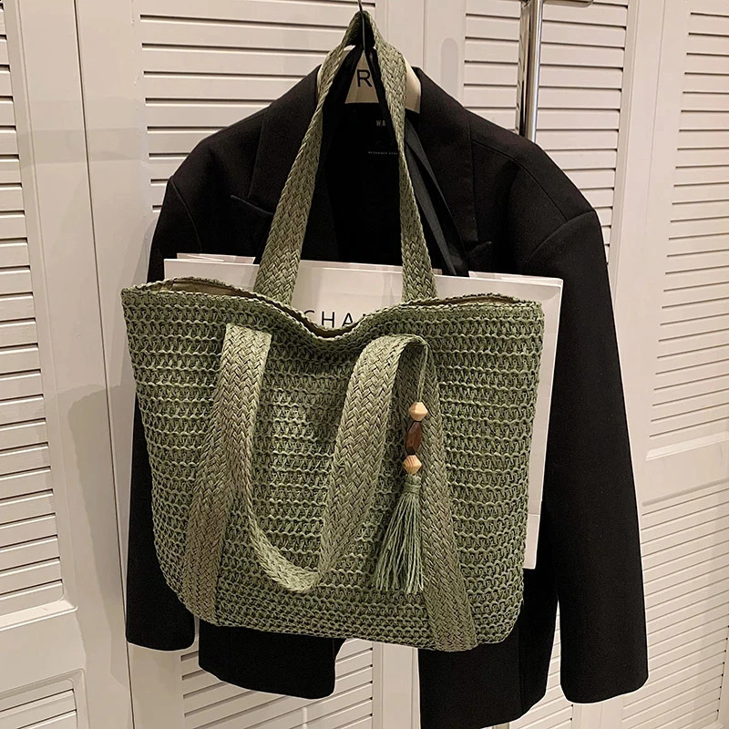 Large Capacity Weave Tote Bag Summer Travel Beach Straw Handbag Tassel Female Bohemian Shoulder Bag for Women 250530