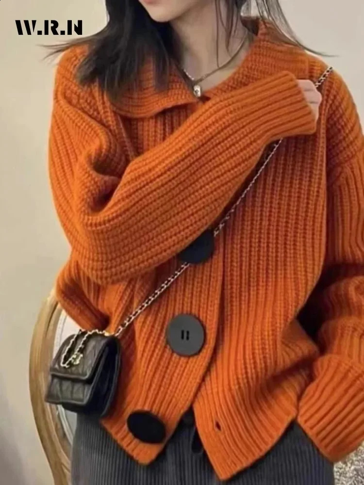 Autumn Korean Retro Fashion Single Chest Sweater Womens Casual Knitted Solid Jumper Long Sleeve Pocket Cardigan 240905