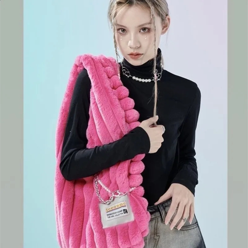 JIAERDI Pink Large Capacity Shoulder Bag for Women Retro Harajuku Fashion Plush Y2k Handbag Soft Bottom 240906