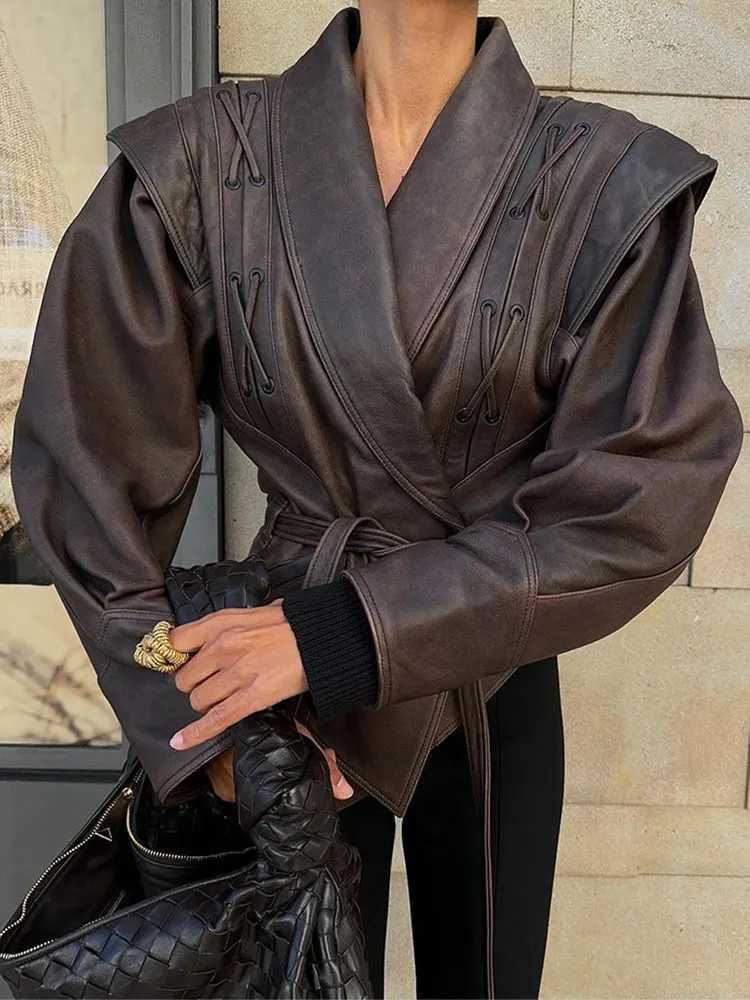 2024 New Retro Collar Lace Leather Jacket Womens Fashion Solid Long Slves Pocket Short Coat Autumn Womens Fashion T-shirt X2411201