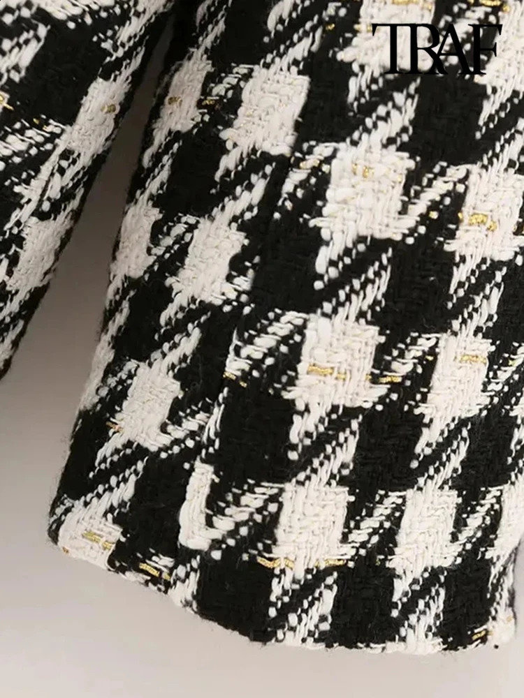 TRAF Women Fashion Houndstooth Tweed Blazer Coat Vintage Long Sleeve Flap Pockets Female Outerwear Chic Veste Femme 240904