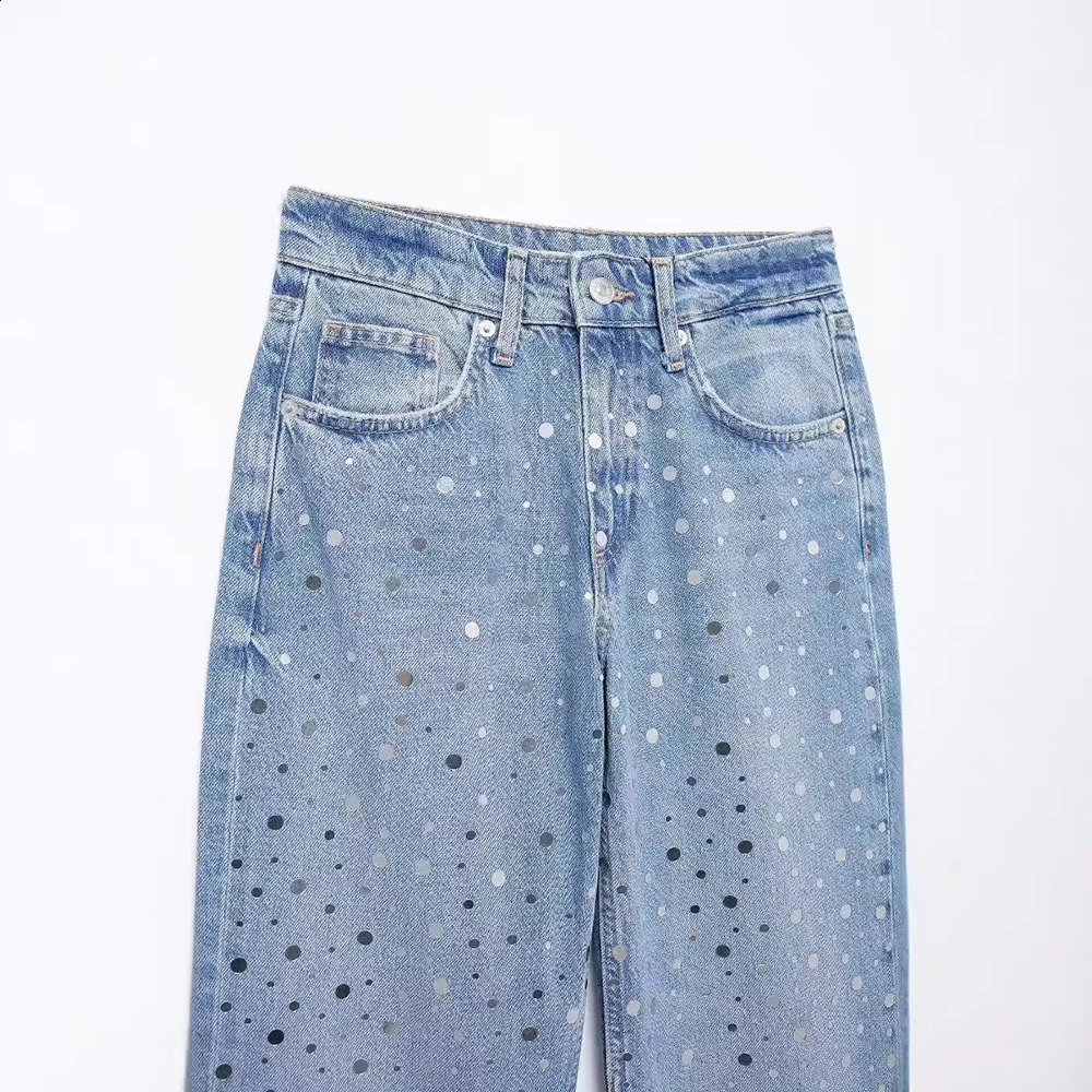 Aoaiys Womens Pocket Jeans Blue Shiny High Waist Wide Legs Denim Pants Shiny Straight Trouser Pocket Casual Fashion Jeans 240906