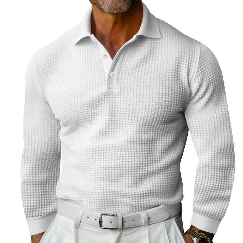 2024 New Business Casual Mens Polo Shirt Waffle Fabric Lapel Button Solid Color Long Sleeve Daily Simple Mens ClothingXJ240906