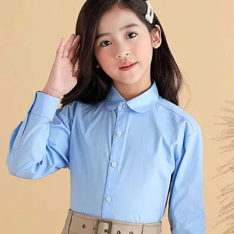 Spring Autumn Baby Toddler Teenage Girls White Blouse Long Sleeve School Uniform Girl Cotton Shirt Kids Tops 6 8 10 12 14 Years Y240906