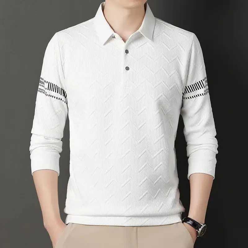 Korean Simple Autumn New Casual Mens Polo Shirt Solid Print Lapel Button Jacquard Fashion Loose Trend Versatile Long Sleeve TopXJ240906