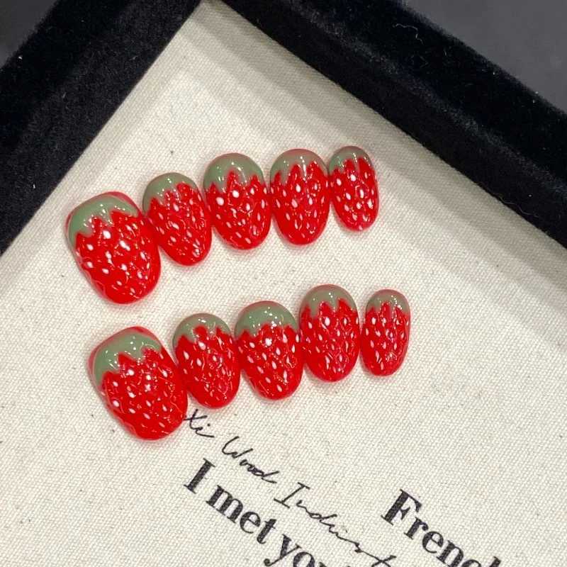 10 pieces of 3D strawberry handmade fake nails with short oval shaped red polka dots and fruit design pressed on nails worn by women/girls W240905