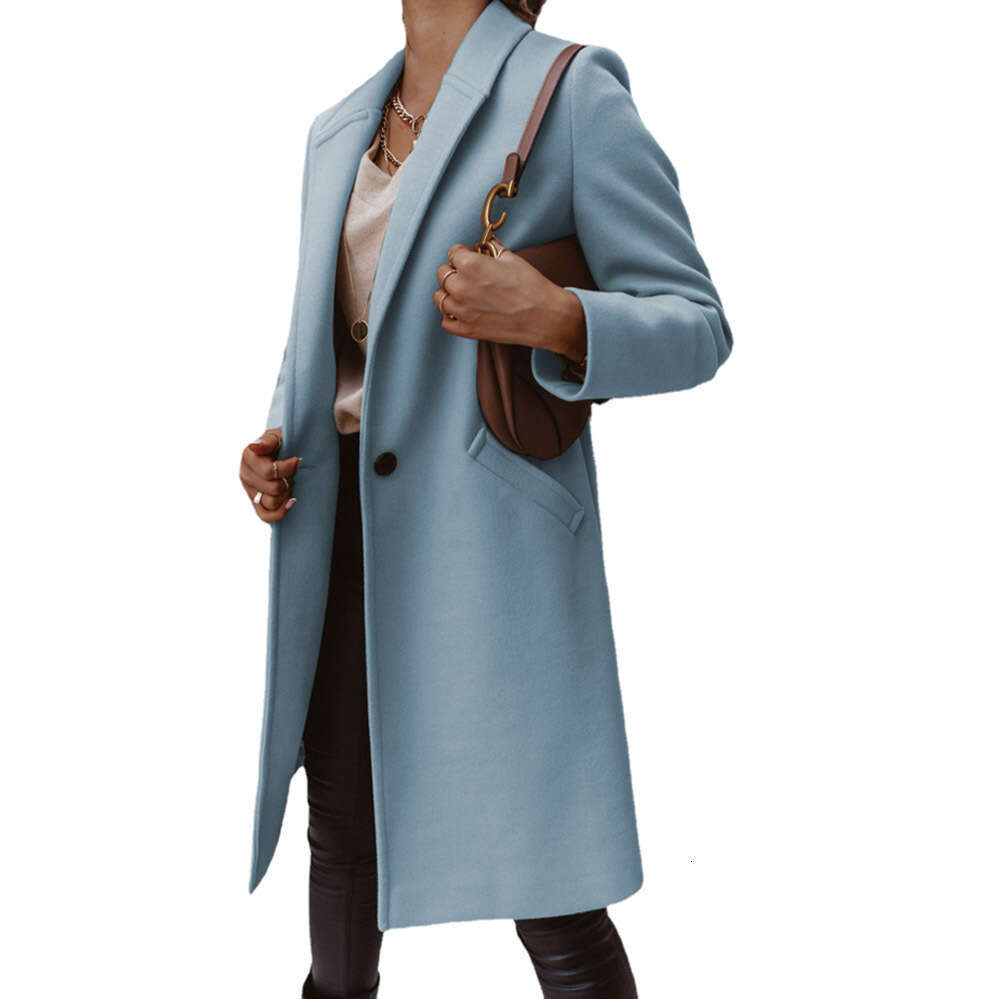 2024 new autumn and winter solid color lapel mid long button down woolen coat jacket for women