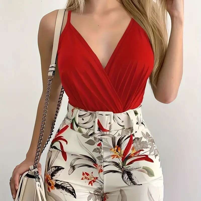 2024 New Women's V-neck Tank Top and Plant Printed Shorts Set with Belt