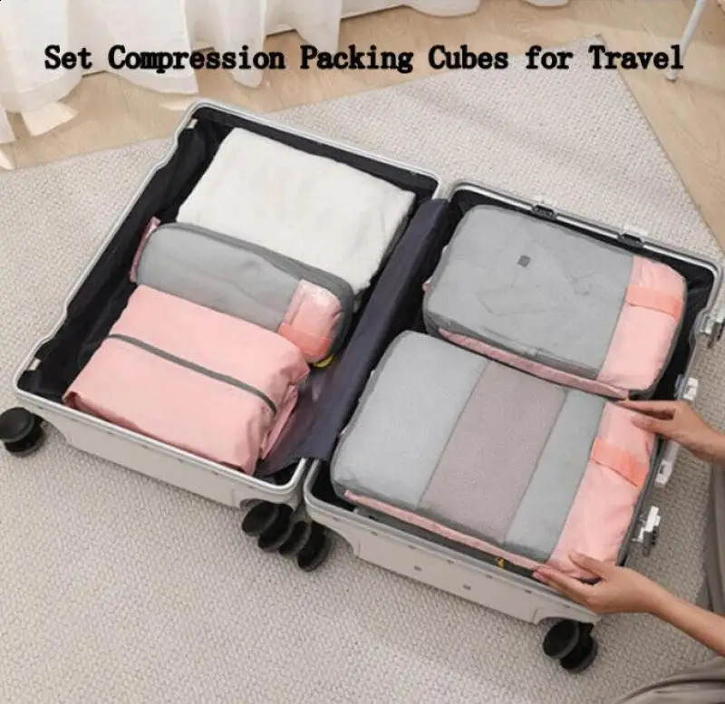 35 travel storage manager set with portable lightweight carrying case compressed cube packaging shoe bag mesh 240906