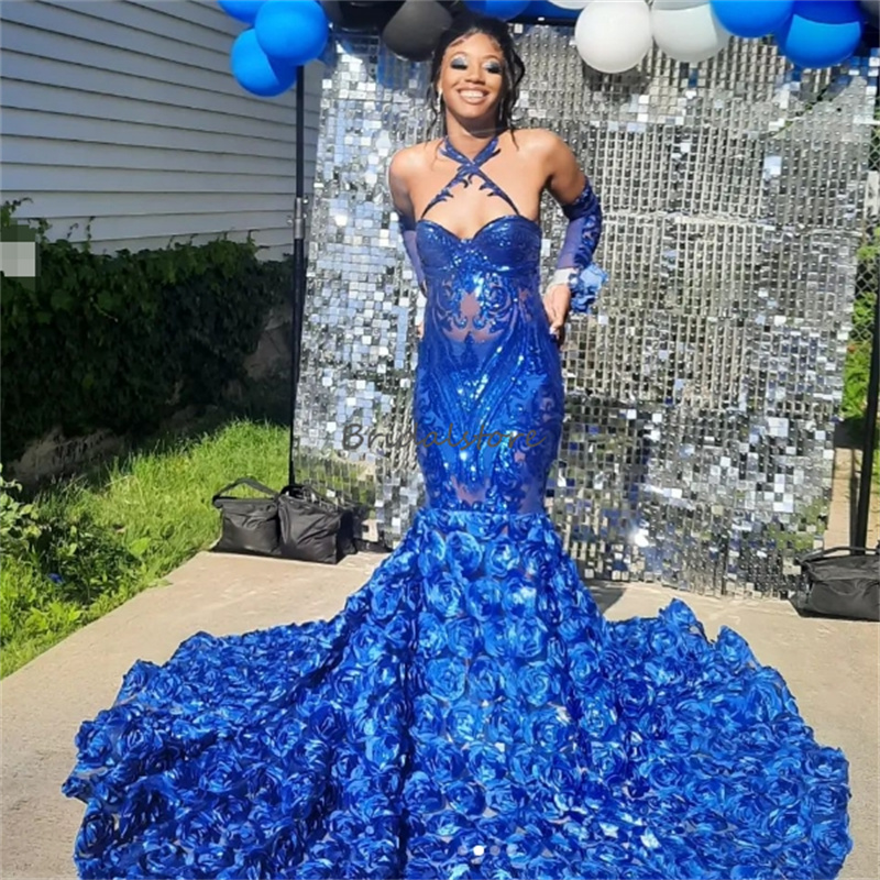 Shine Royal Blue Prom Dresses 2025 Halter Sequin Trumpet Mermaid Evening Gowns For Black Women 3D Florals Birthday Party Dress Robe De Soiree elegante
