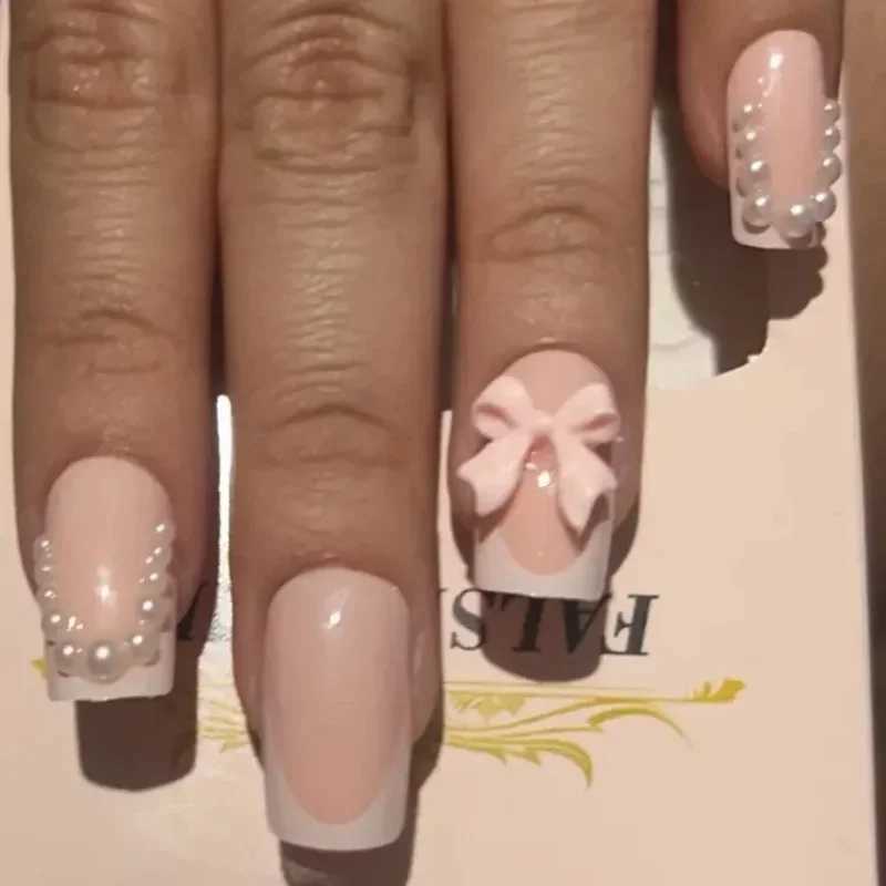 24 piece pink nail pressing set with short square 3D bow and pearl design sweet fake nails French nail salon W240905