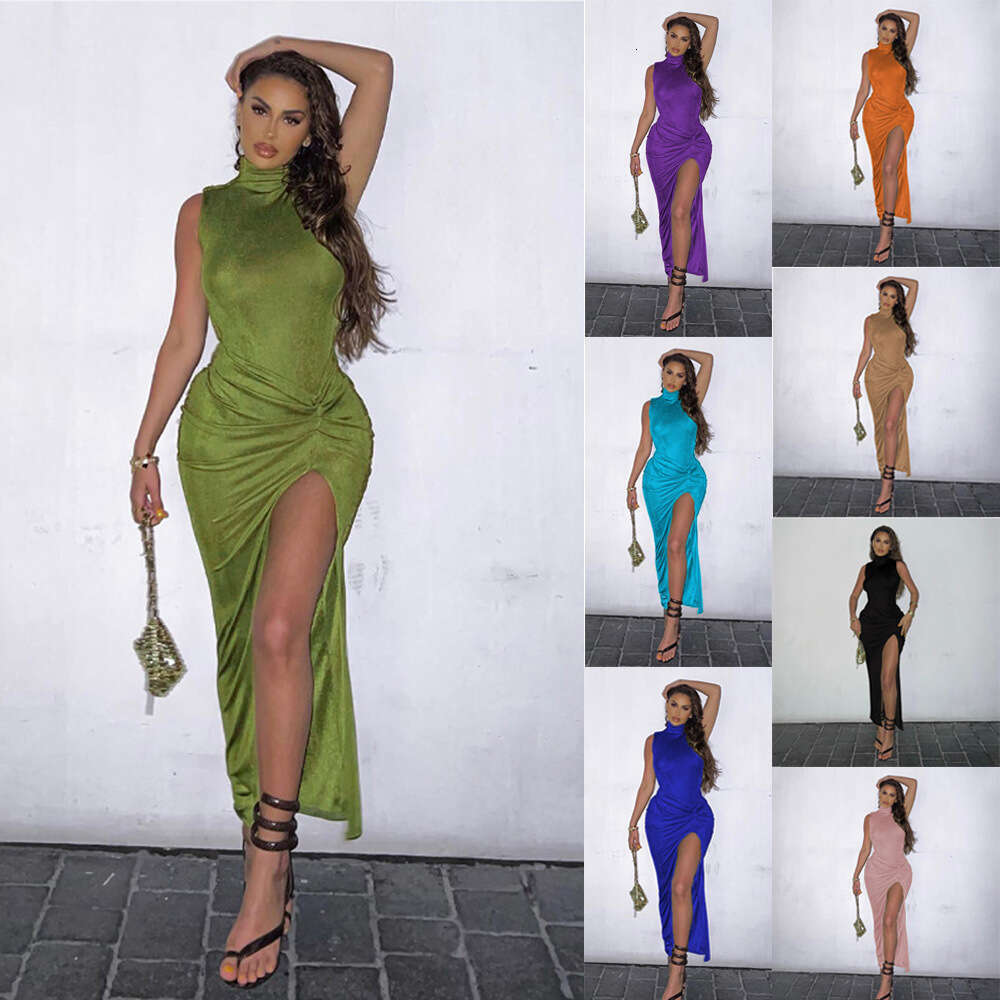 Women's 2023 Spring/Summer Monsoon New Solid Color Sleeveless Split Mid length Sexy Slim Fit Dress