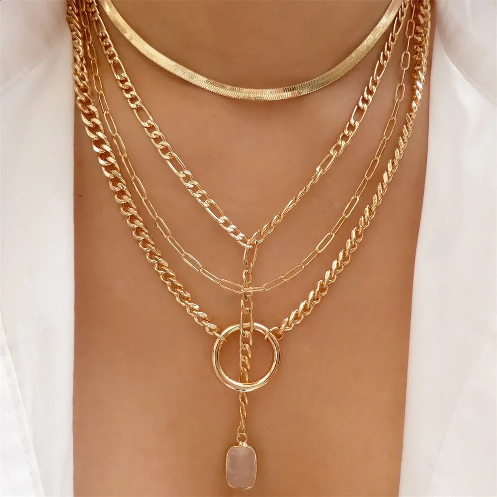 Vintage Punk Gold Plate Thick Chain Head Portrait Coin Pendant Necklace Womens Fashion Multi layer Geometric Hip Hop Jewelry 240905