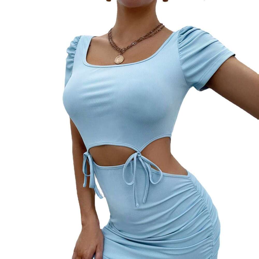 2023 Blue Dress Women's Sleeve Wrapped Hip Tight Short Skirt