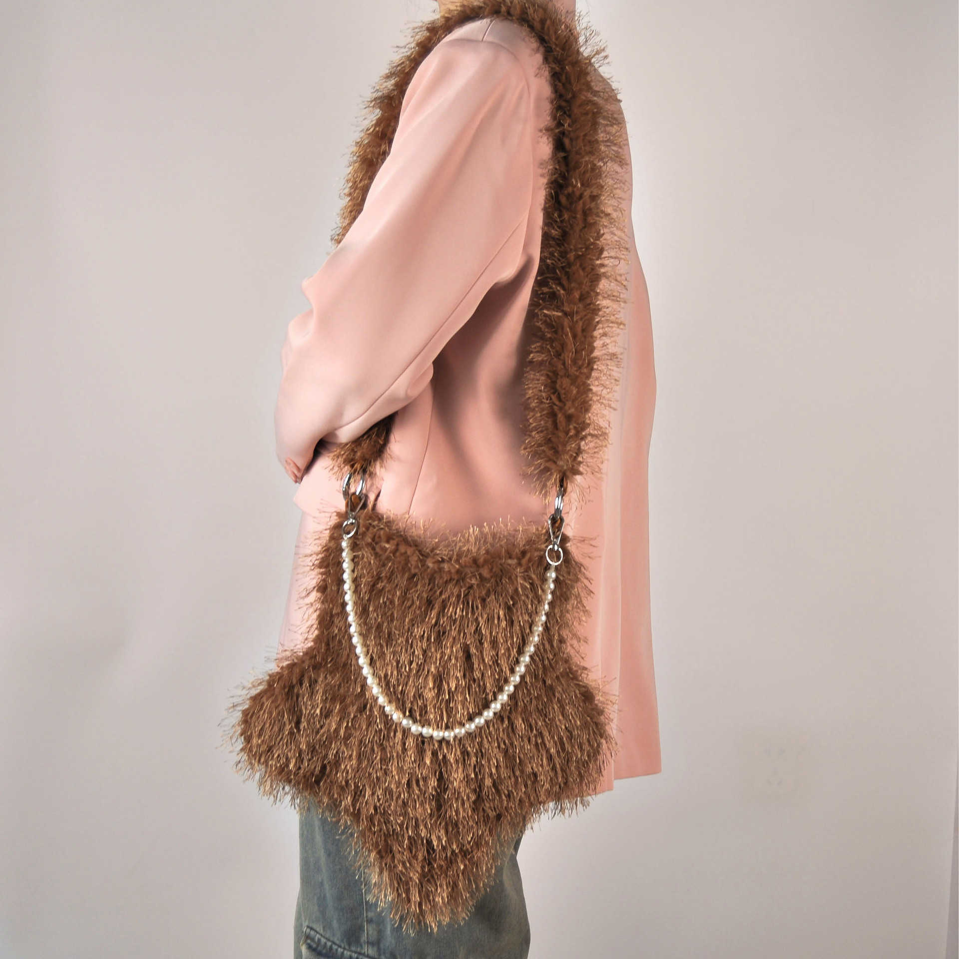 autumn winter plush bag, women's tassel, kapok flower, cute pentagonal star, pearl chain, crossbody bag, shoulder bag 240915